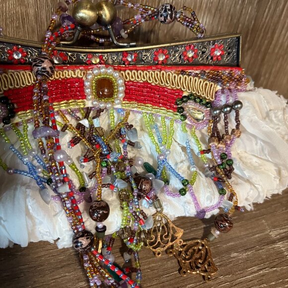 MARY FRANCIS White rusched handbag trimmed in multi color beads NWOT - Picture 2 of 6